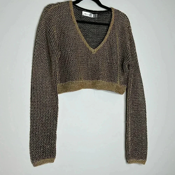 Tops - Gold Glitter Long Sleeve VNeck Crop Top